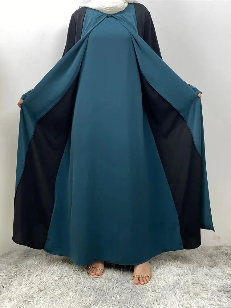 Luxury Splicing Faux Two-Piece Abaya – Zip Front Colour-Block Robe
