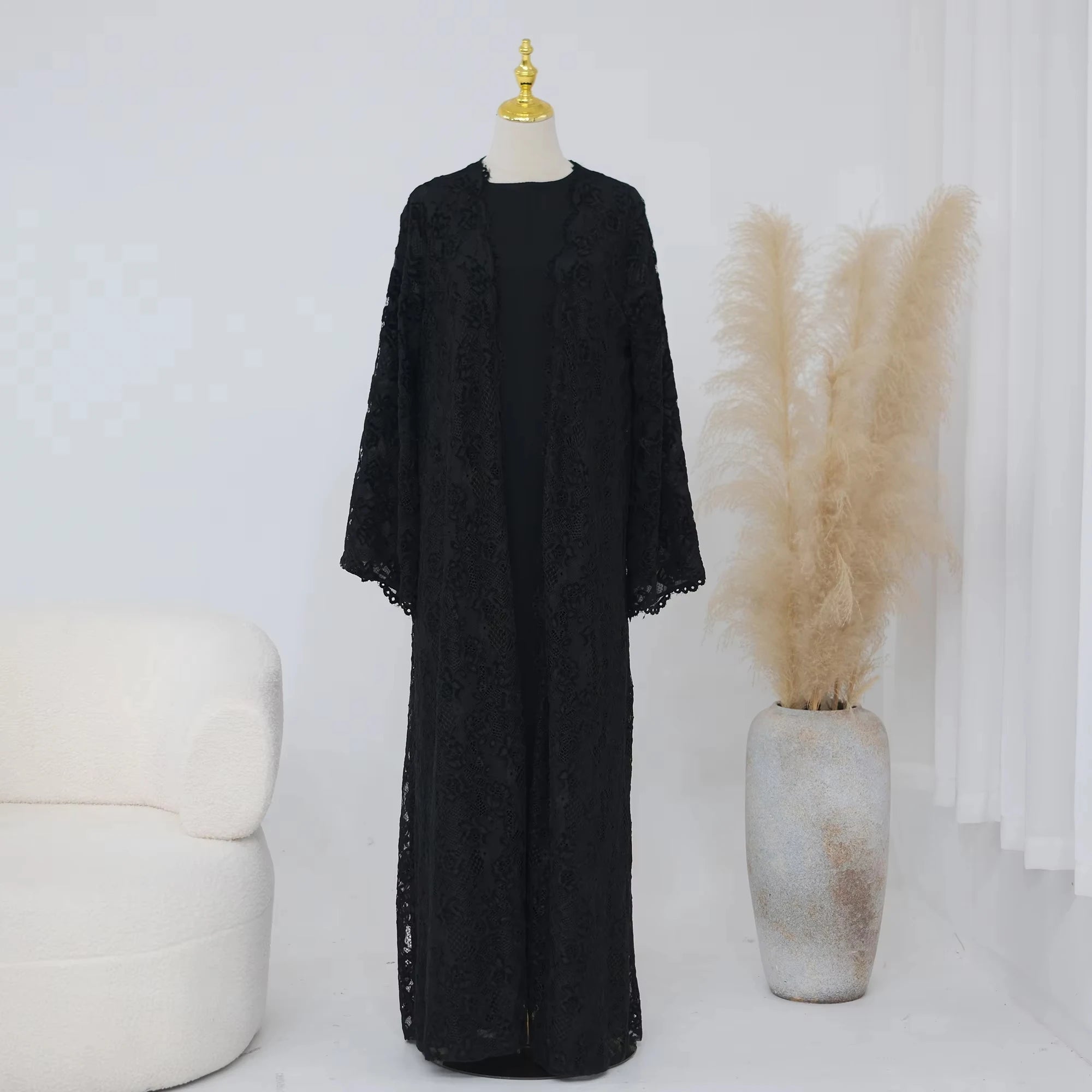 Zahraa Beaded Kimono Abaya – Lined Lace Open Front Robe - Coffee - L | AbayaVida