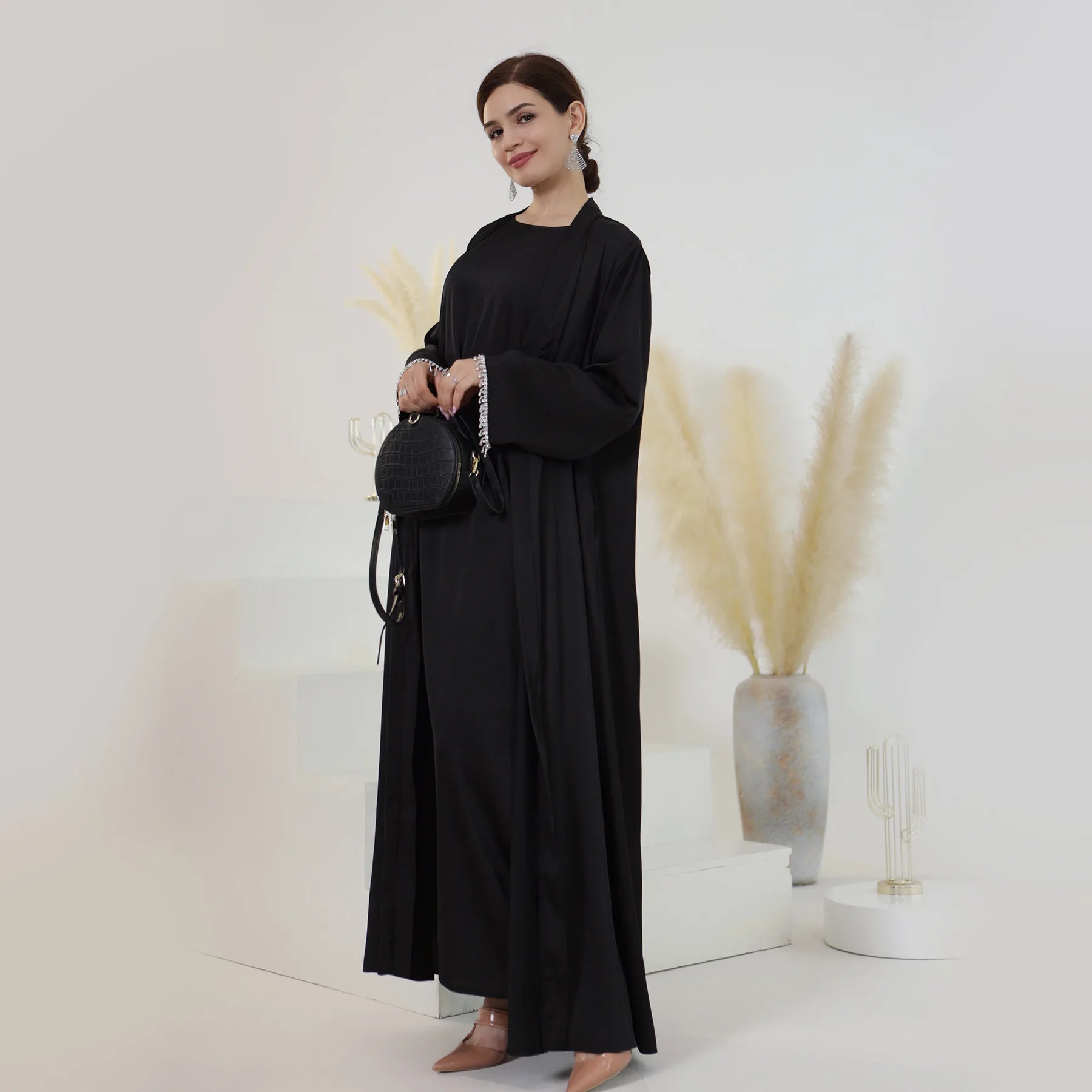 Nida Crystal Chain Evening Set – Cardigan, Dress & Chain - Black - XXL | AbayaVida