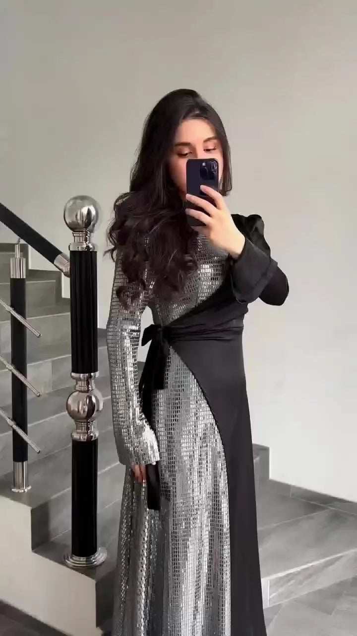 Radiant Sequin High Collar Abaya - Abaya Vida