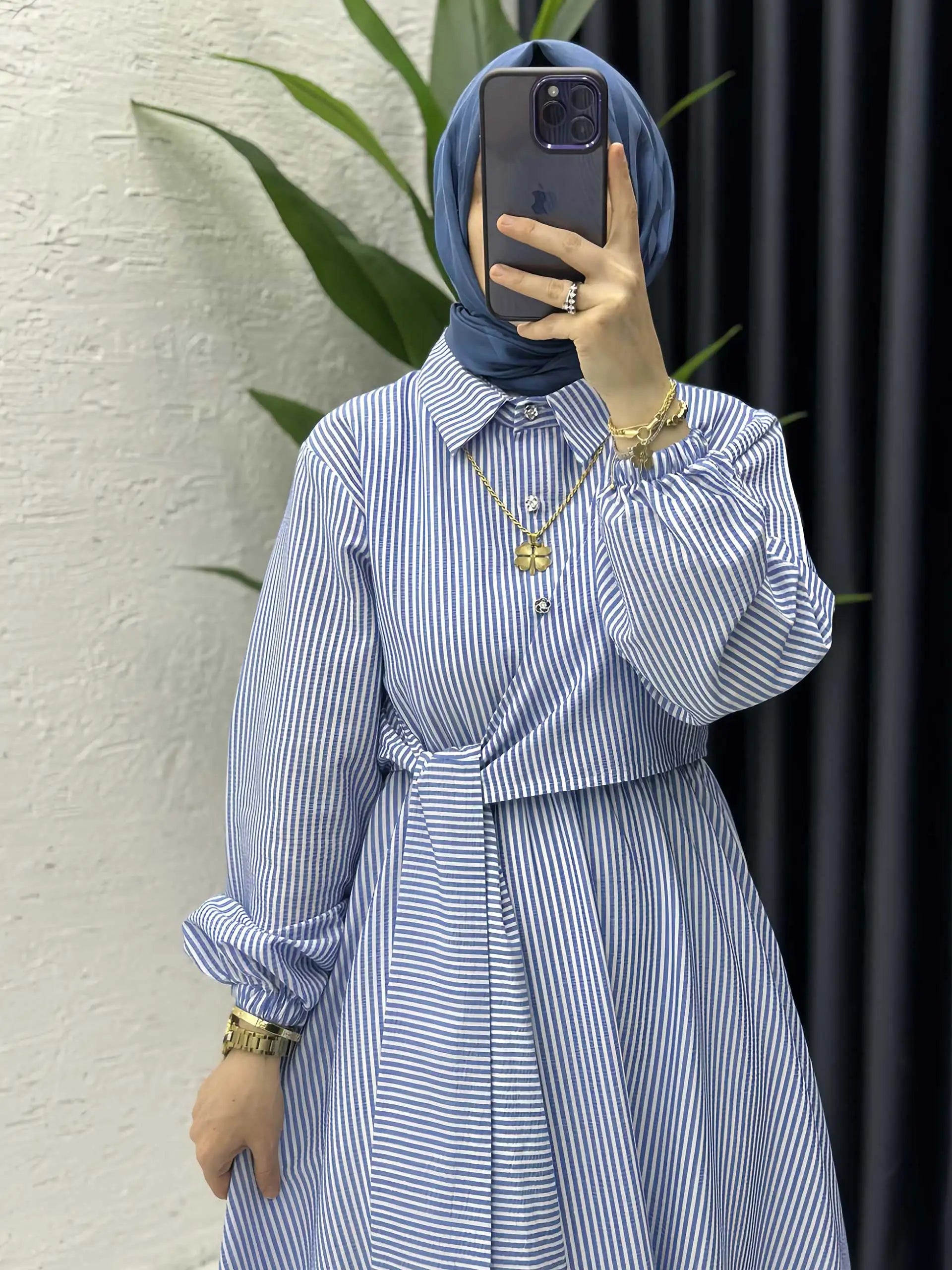 Belted Striped Modest Dress – Shirt Neckline Commute Robe - PInk - L | AbayaVida