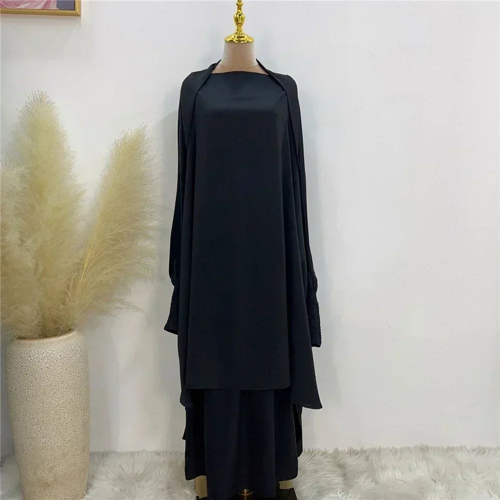 Eid Djellaba Kebaya Two-Piece Set – Hooded Satin Khimar & Skirt, One Size