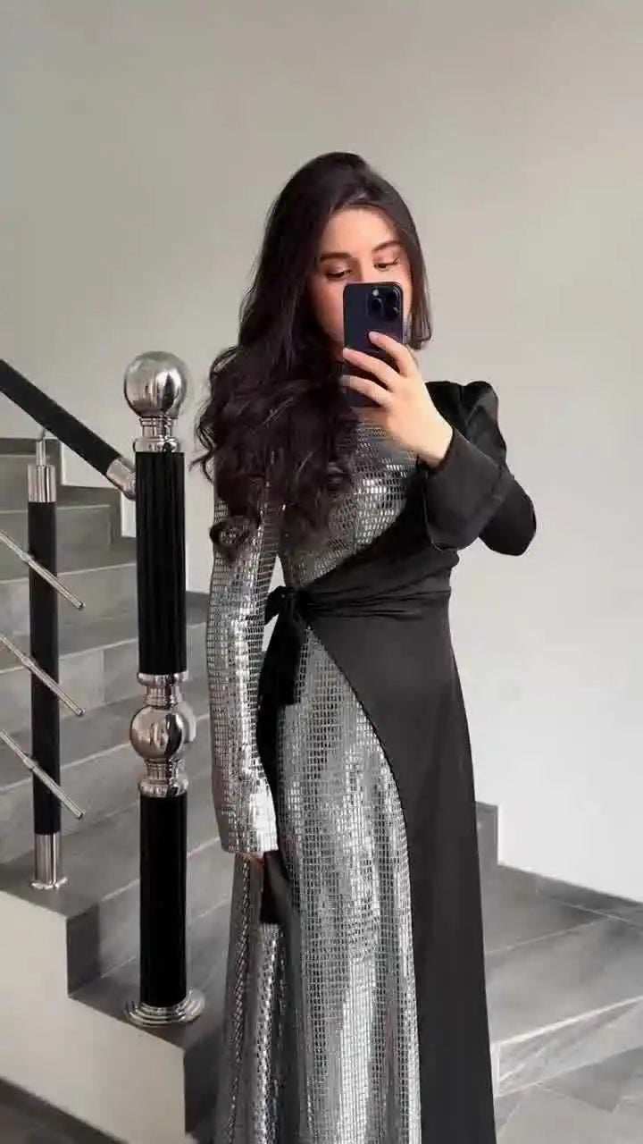 Radiant Sequin High Collar Abaya - Abaya Vida