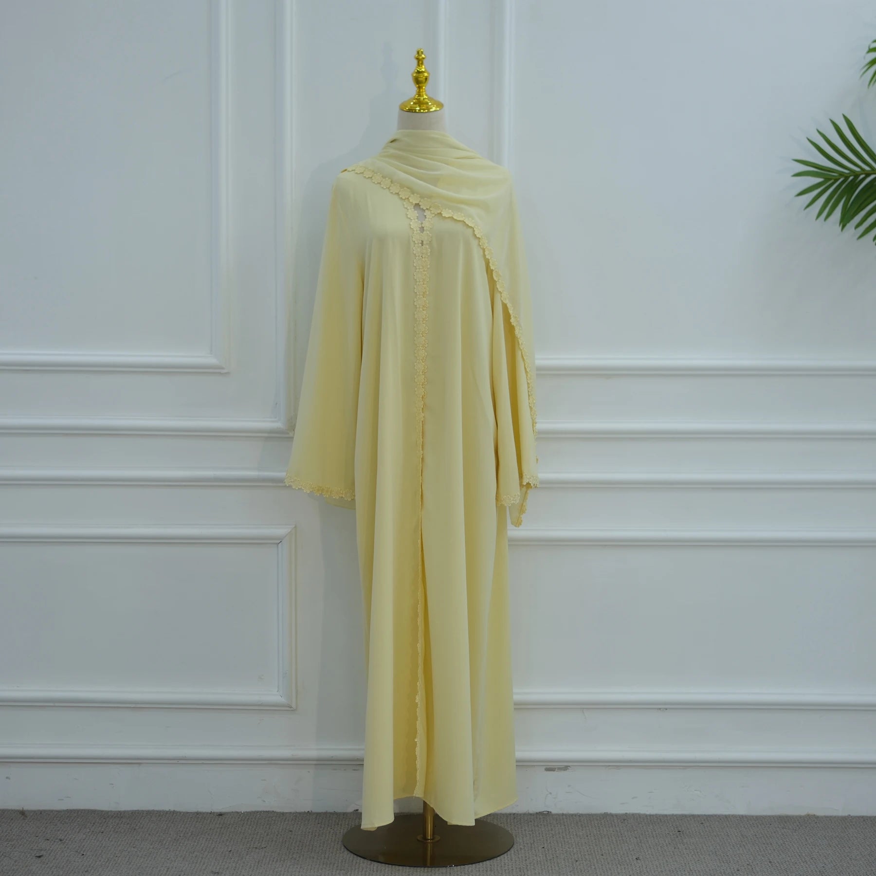Summer Lace Flower Abaya with Scarf – Open Front Robe, Side Pockets