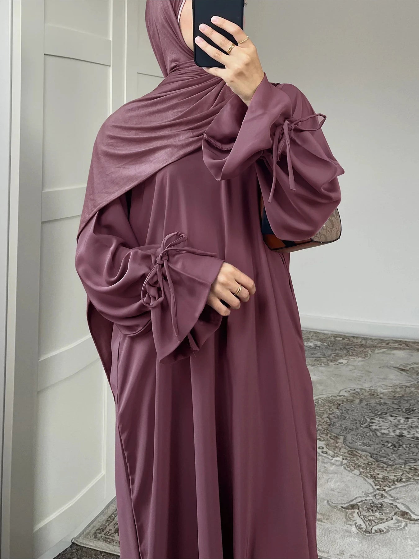 Bow Lace-Up Eid Dress – Adjustable Waist Festival Robe - Dark Pink - S | AbayaVida