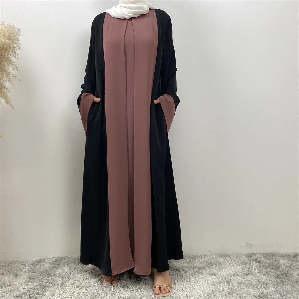 Luxury Splicing Faux Two-Piece Abaya – Zip Front Colour-Block Robe