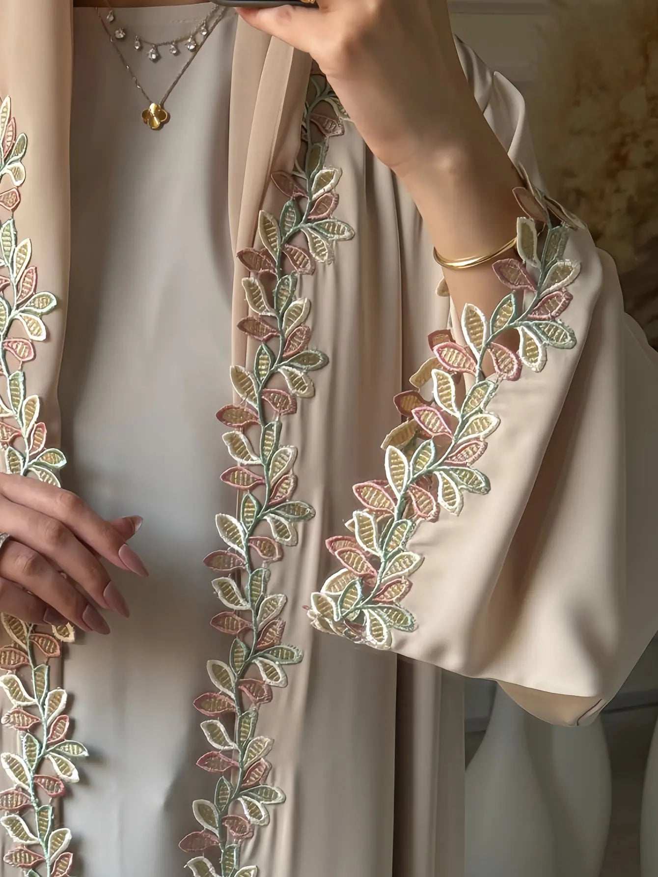 Beige Harmony Embroidered Abaya - Abaya Vida