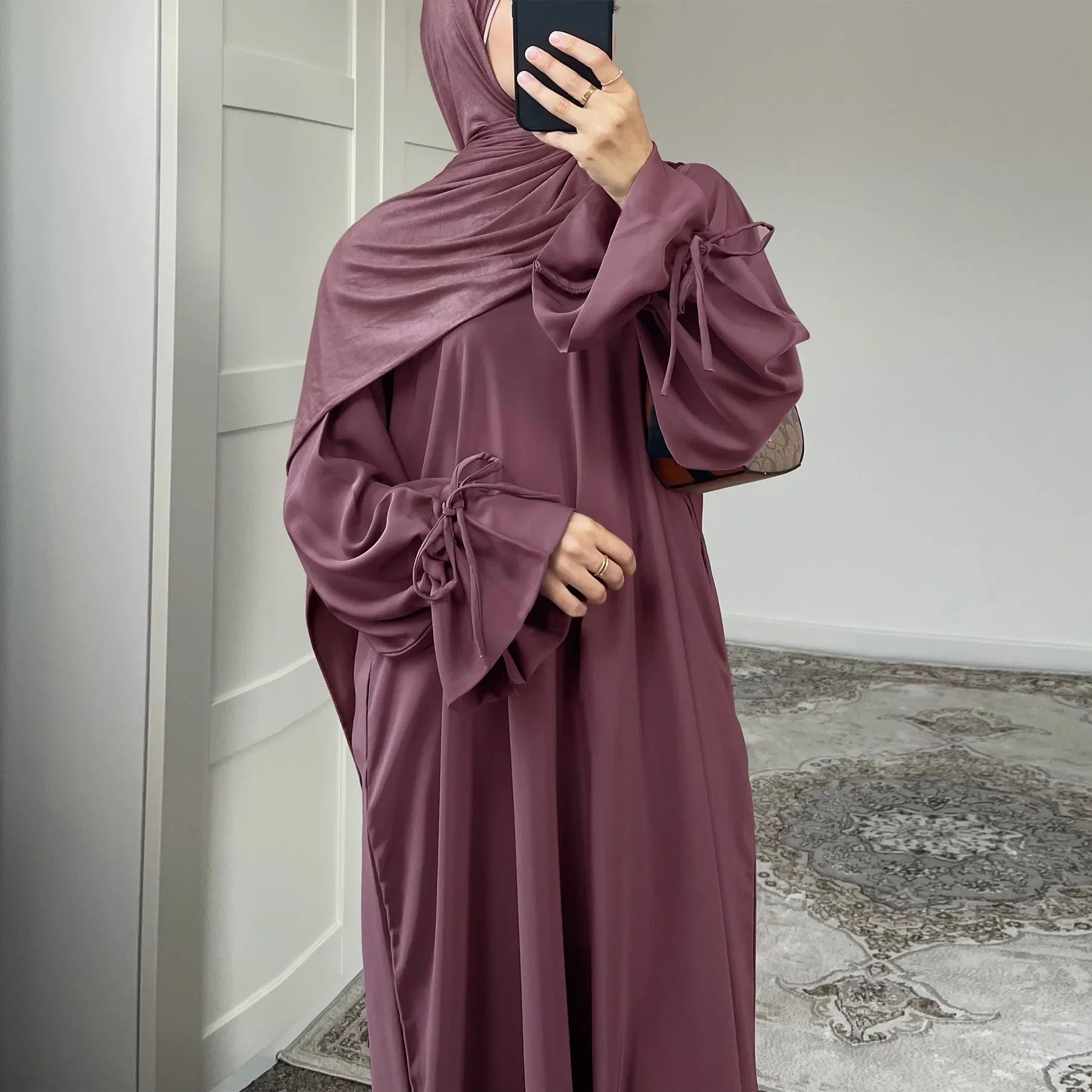 Bow Lace-Up Eid Dress – Adjustable Waist Festival Robe - Pink - S | AbayaVida