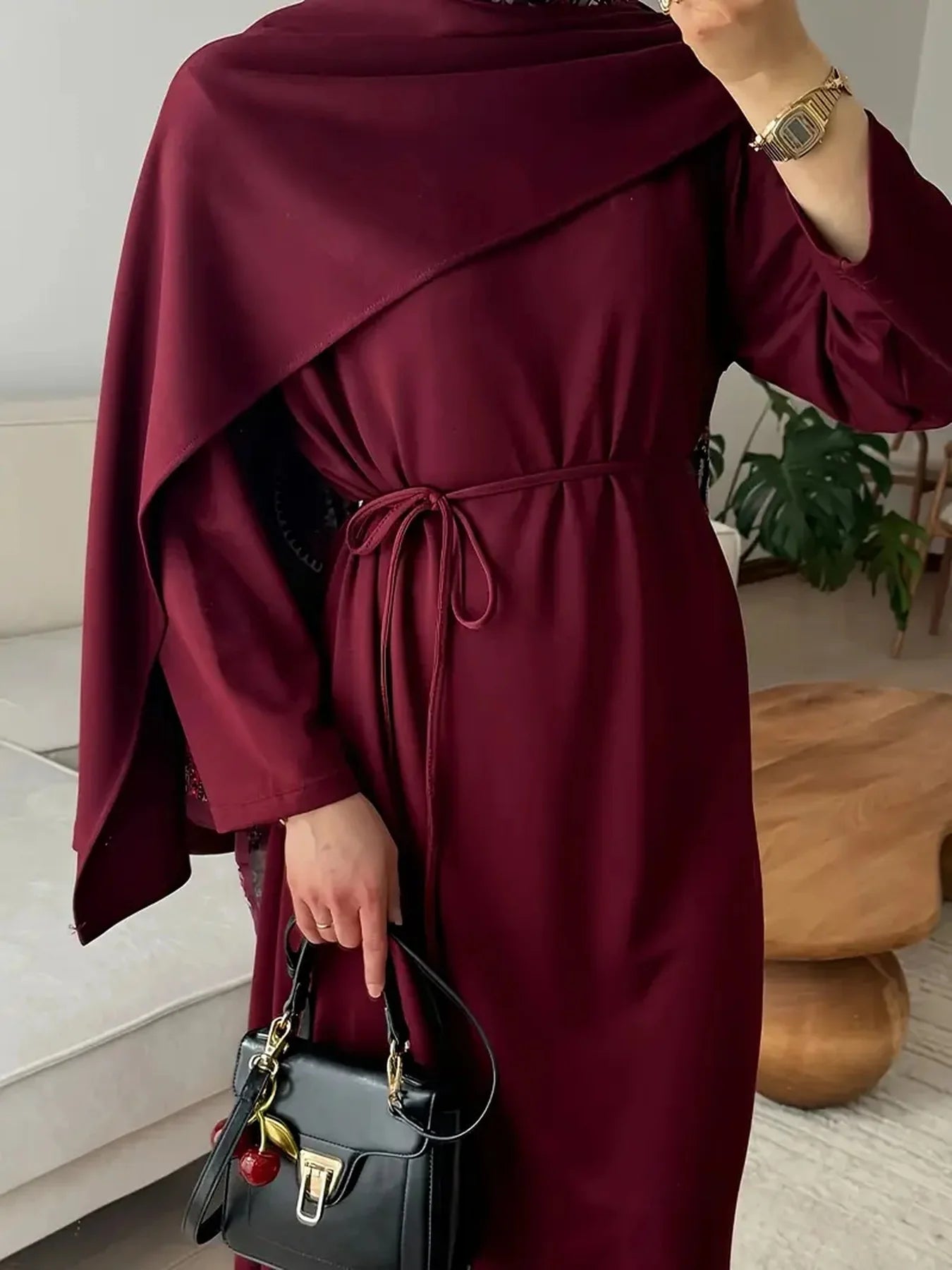 Lace-Up Solid Colour Abaya Dress – Elegant Long Sleeve Robe