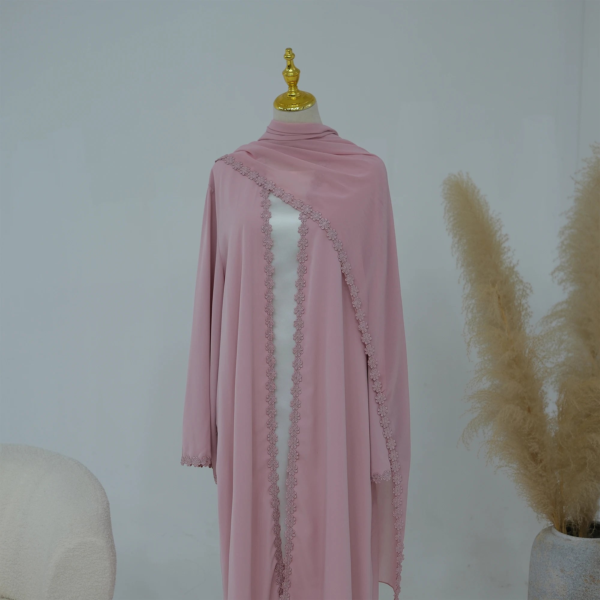 Summer Lace Flower Abaya with Scarf – Open Front Robe, Side Pockets