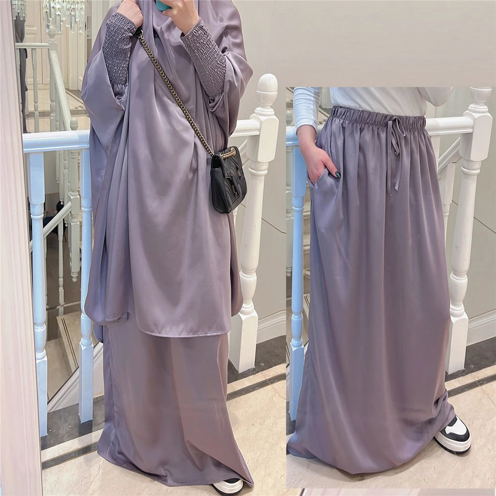 Eid Djellaba Kebaya Two-Piece Set – Hooded Satin Khimar & Skirt, One Size