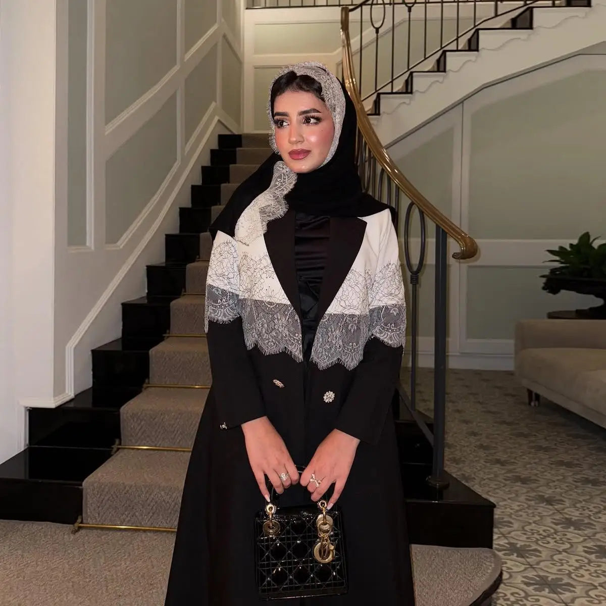 Modest Lace Trim Abaya – Open Front Robe with Lapel Collar