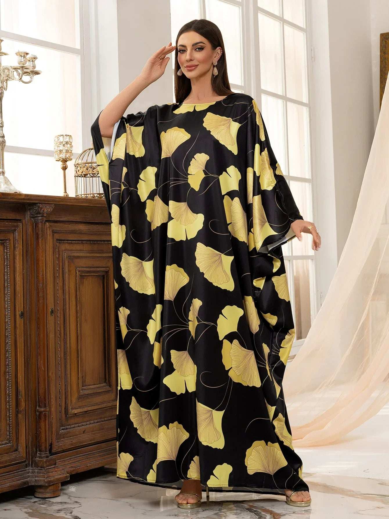 Golden Ginkgo Printed Abaya - Abaya Vida