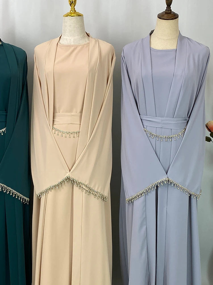 Nida Crystal Chain Evening Set – Cardigan, Dress & Chain - Khaki - M | AbayaVida