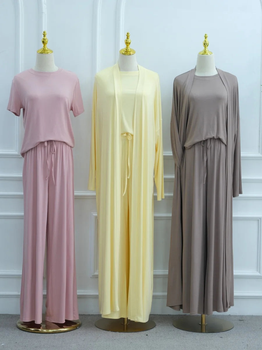 Dubai Three-Piece Abaya Set – Cardigan, Top & Trousers Coordinated Outfit