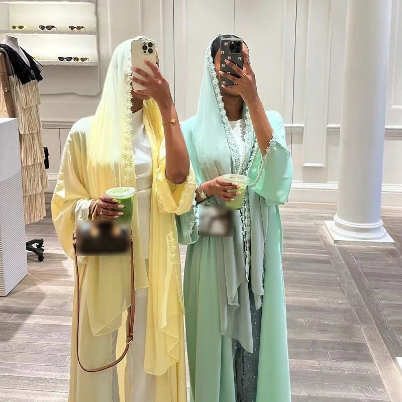 Eid Abaya with Hijab Set – Lace Detail Open Front Robe