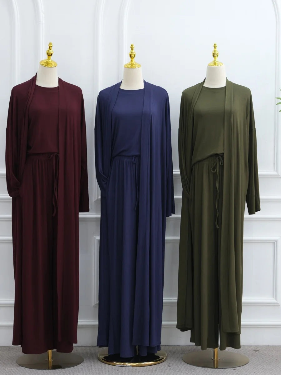 Dubai Three-Piece Abaya Set – Cardigan, Top & Trousers Coordinated Outfit
