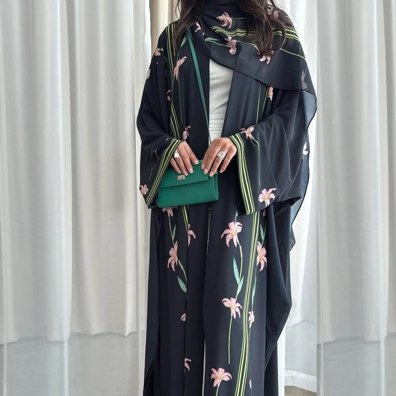 Embroidered Two-Piece Cardigan Abaya with Hijab – Button Closure, One Size