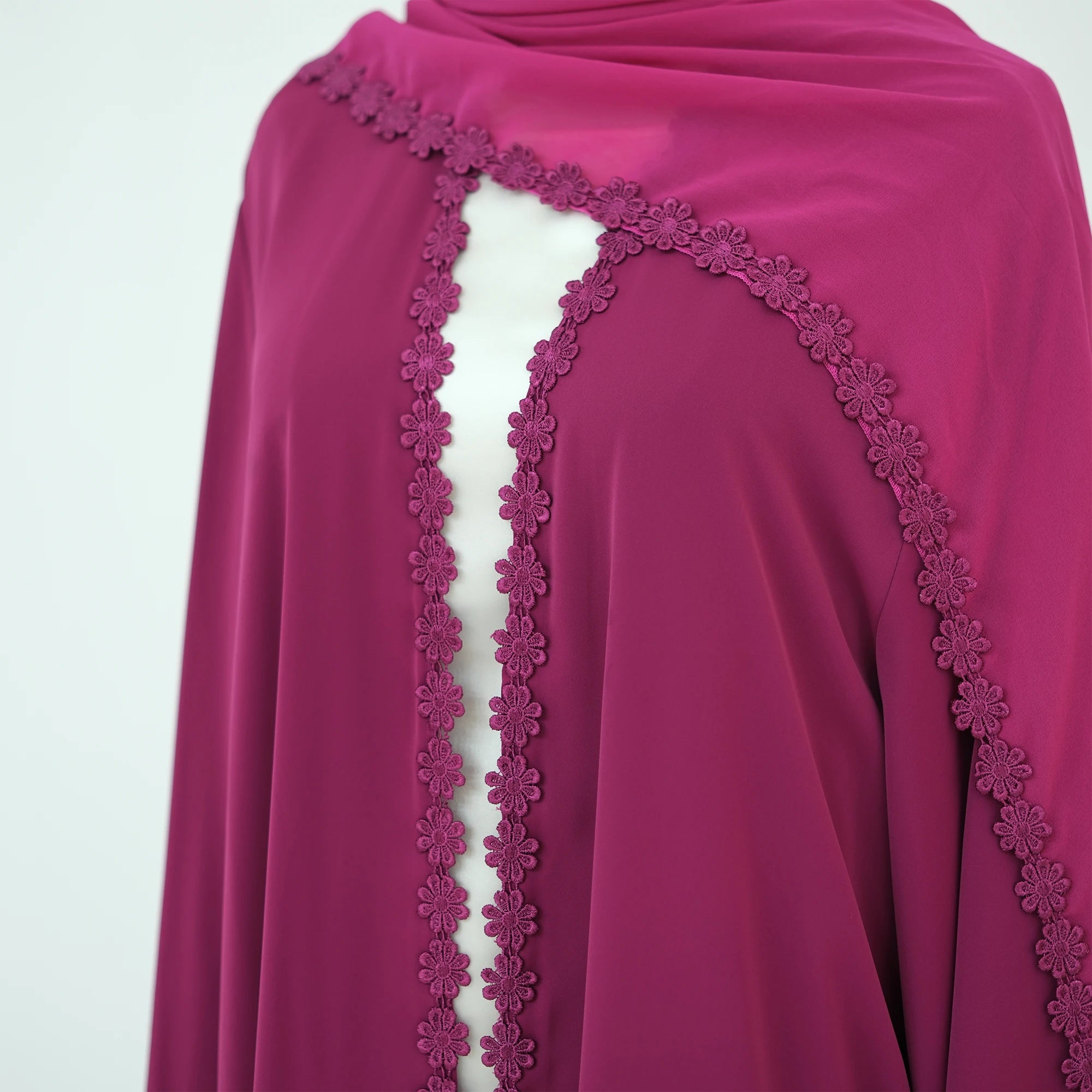 Summer Lace Flower Abaya with Scarf – Open Front Robe, Side Pockets