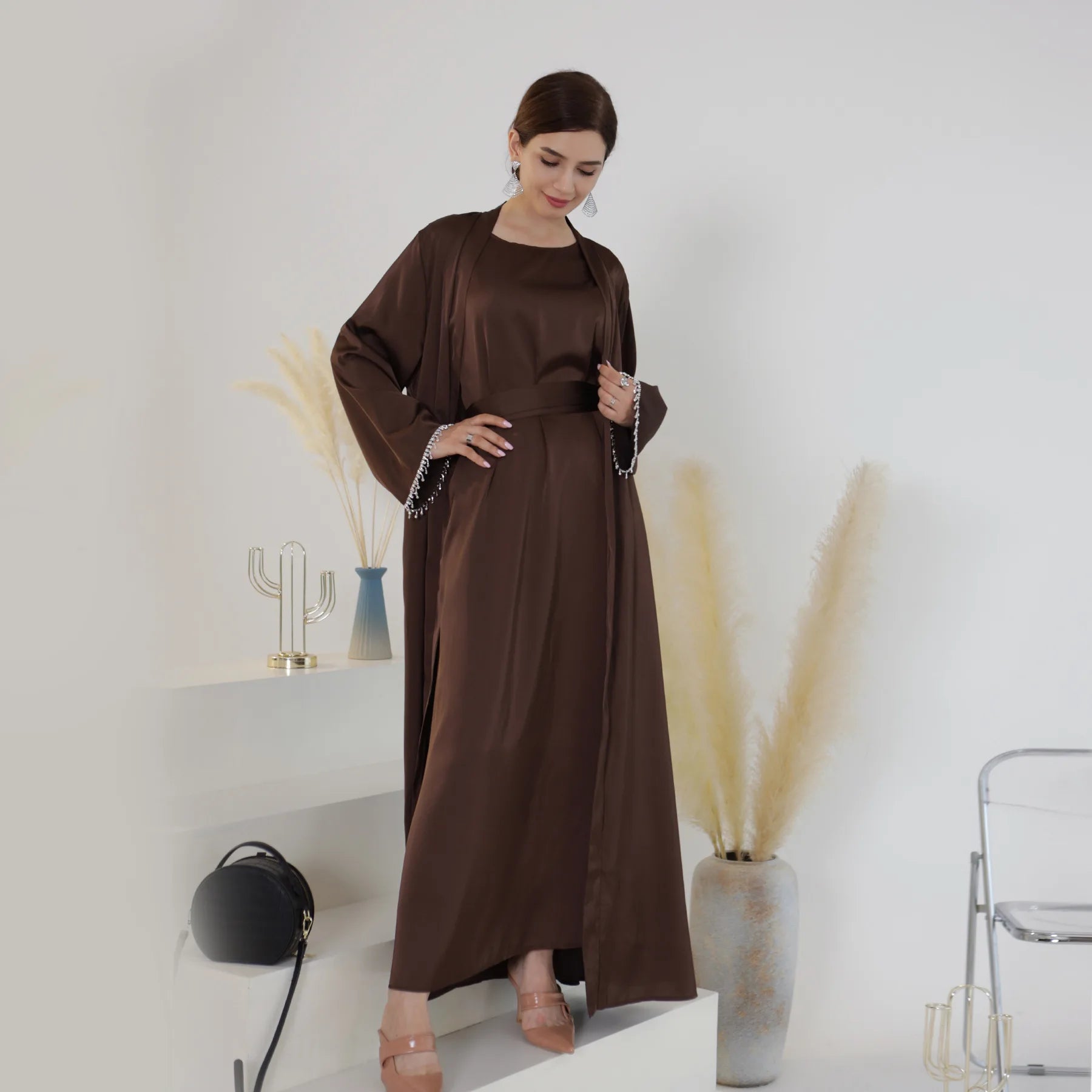 Nida Crystal Chain Evening Set – Cardigan, Dress & Chain - Coffee - XXL | AbayaVida