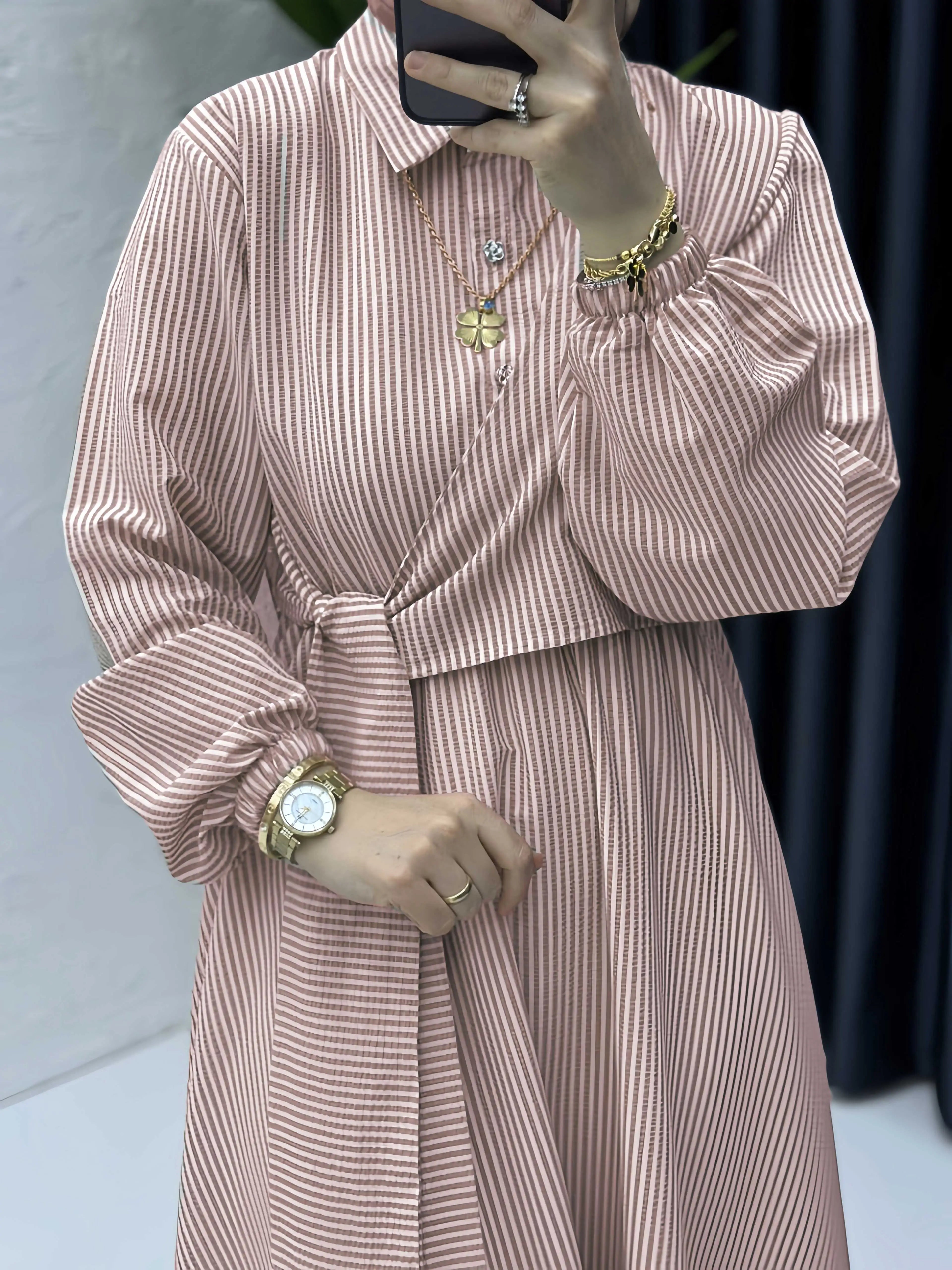 Belted Striped Modest Dress – Shirt Neckline Commute Robe - Khaki - L | AbayaVida