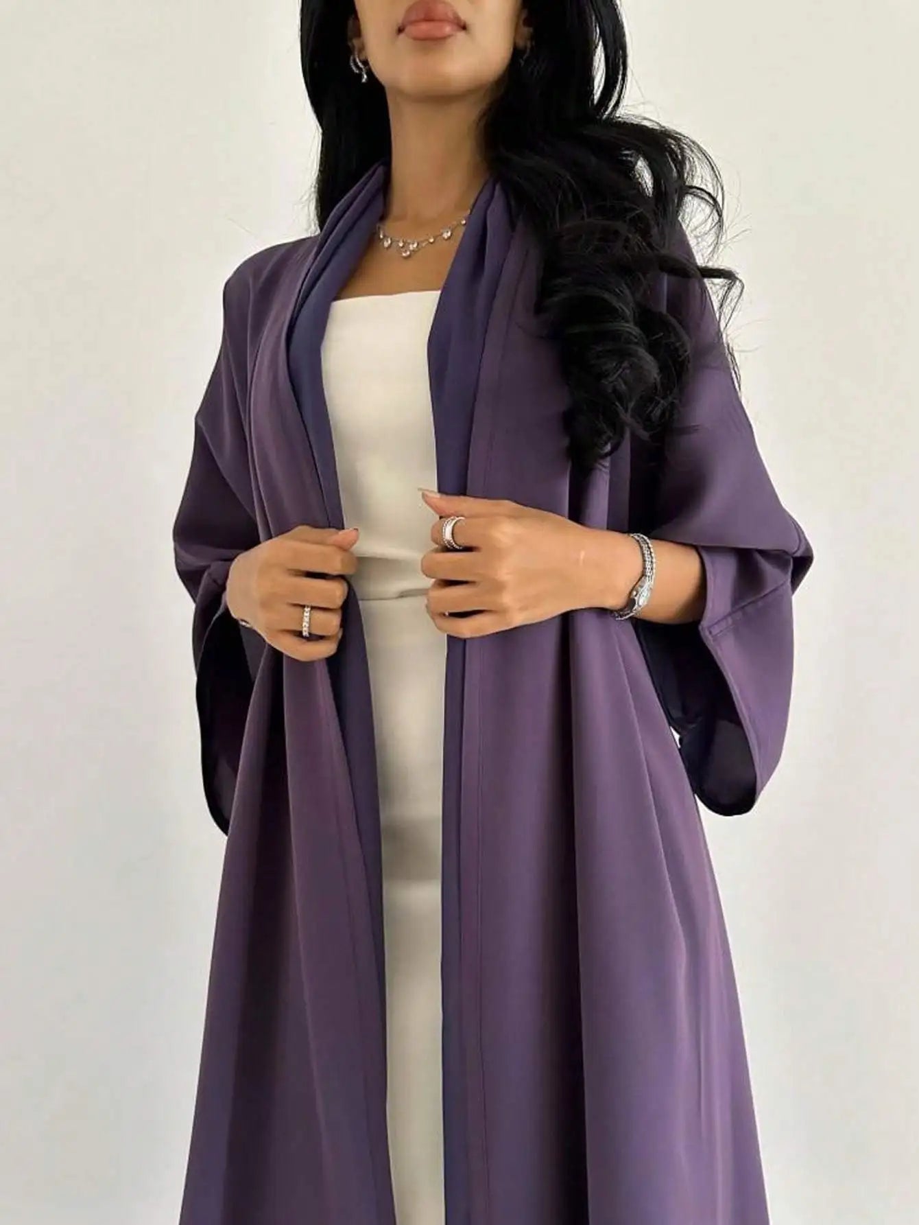 Reversible Loose Abaya – Full Sleeve Open Front Robe, One Size - Purple | AbayaVida