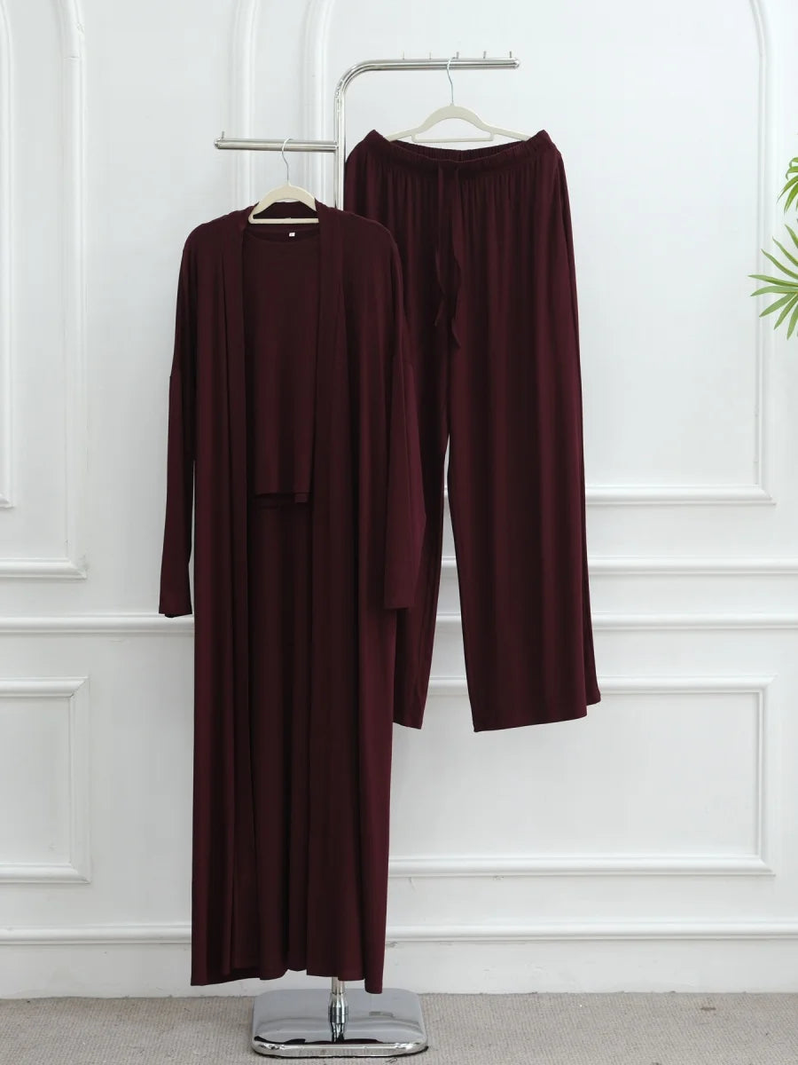 Dubai Three-Piece Abaya Set – Cardigan, Top & Trousers Coordinated Outfit