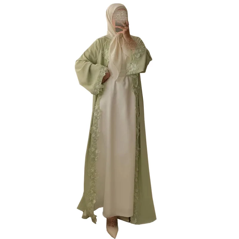 Embroidered Eid Cardigan Robe – Open Front Party Abaya in Green - Size XXL | AbayaVida