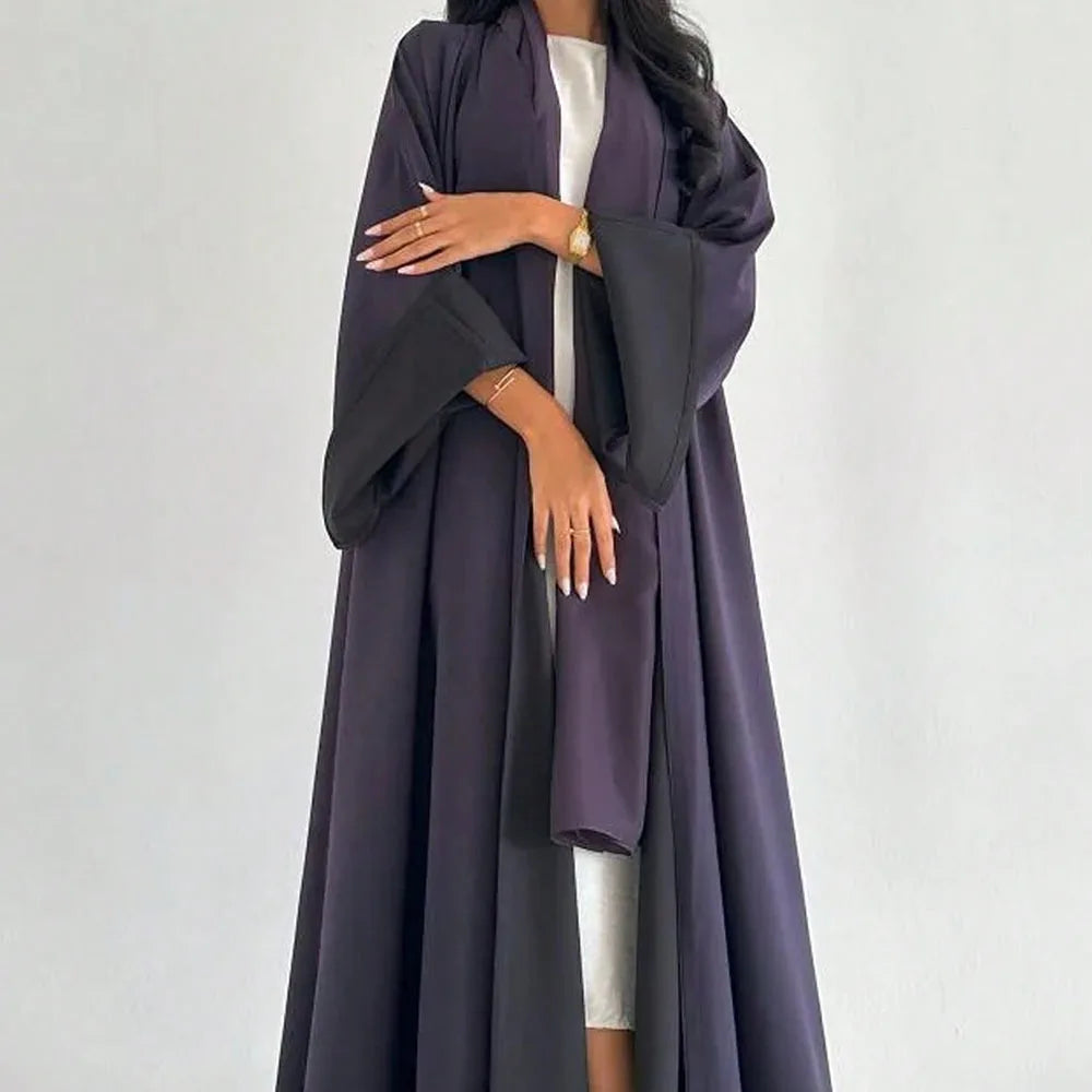 Reversible Loose Abaya – Full Sleeve Open Front Robe, One Size - Black Purple | AbayaVida