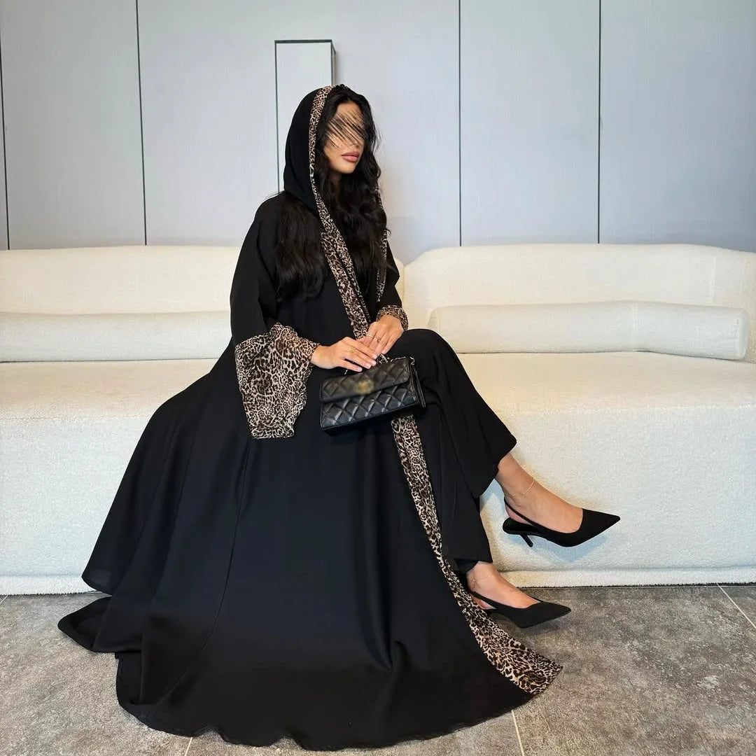 Leopard Trim Chiffon Abaya Set with Hijab – Open Front Kaftan - Size XL | AbayaVida
