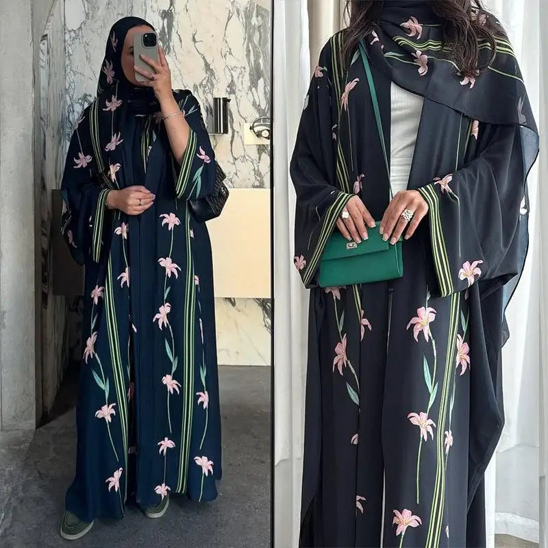 Embroidered Two-Piece Cardigan Abaya with Hijab – Button Closure, One Size