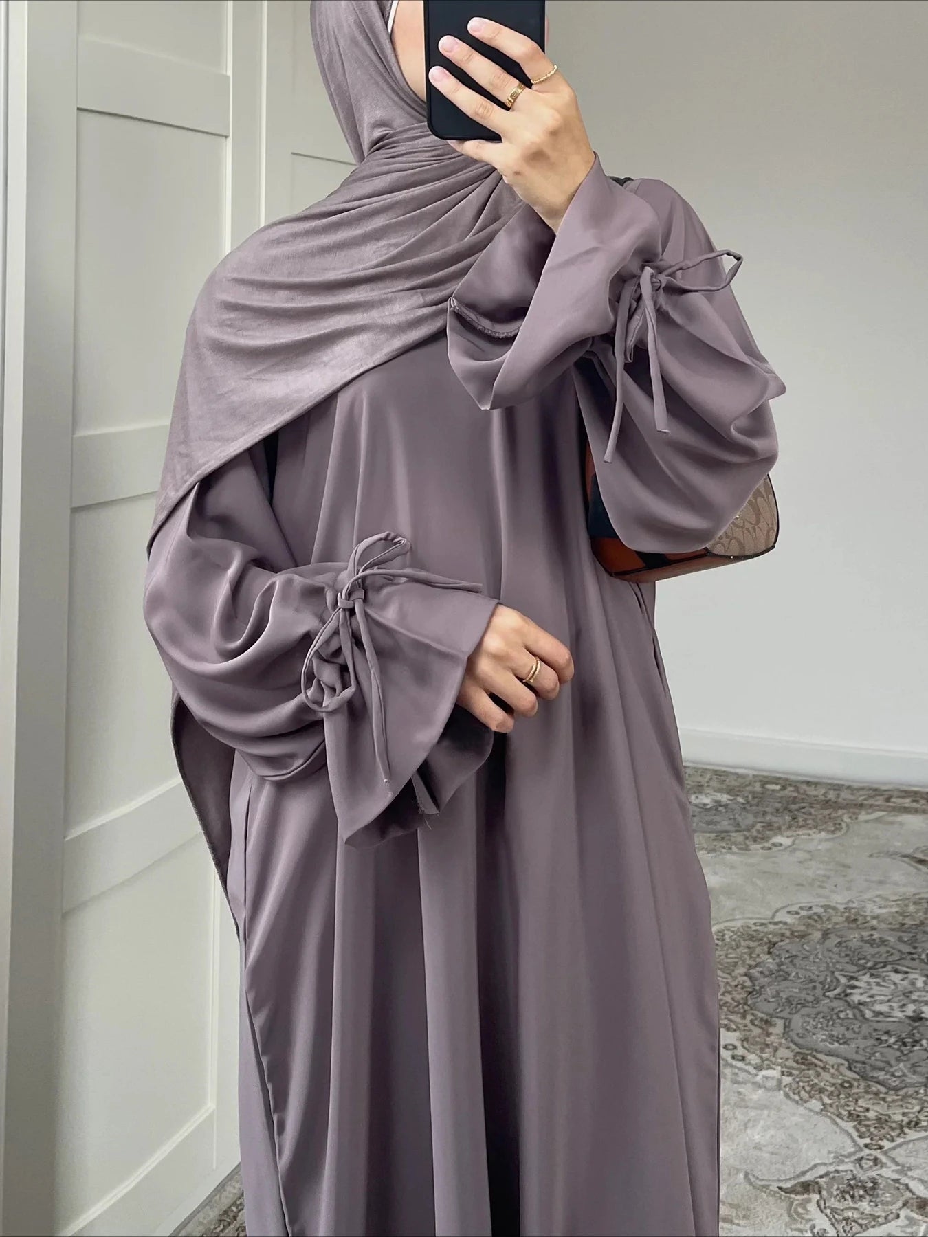 Bow Lace-Up Eid Dress – Adjustable Waist Festival Robe - Pink Purple - M | AbayaVida