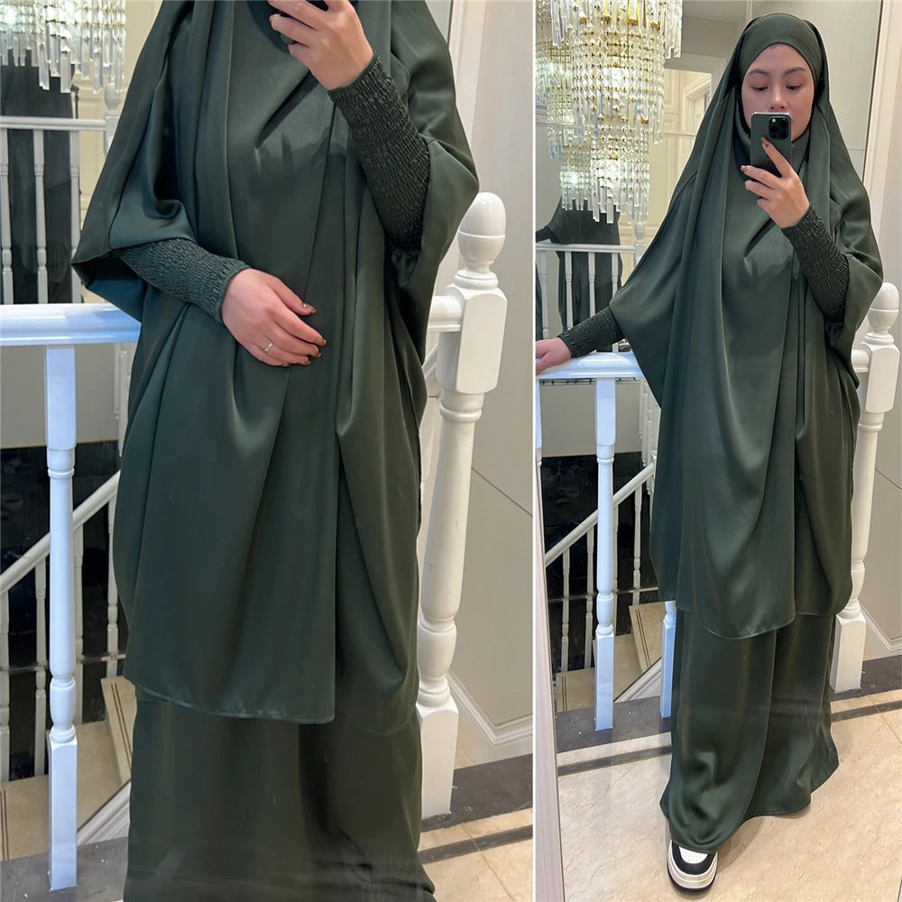 Eid Djellaba Kebaya Two-Piece Set – Hooded Satin Khimar & Skirt, One Size