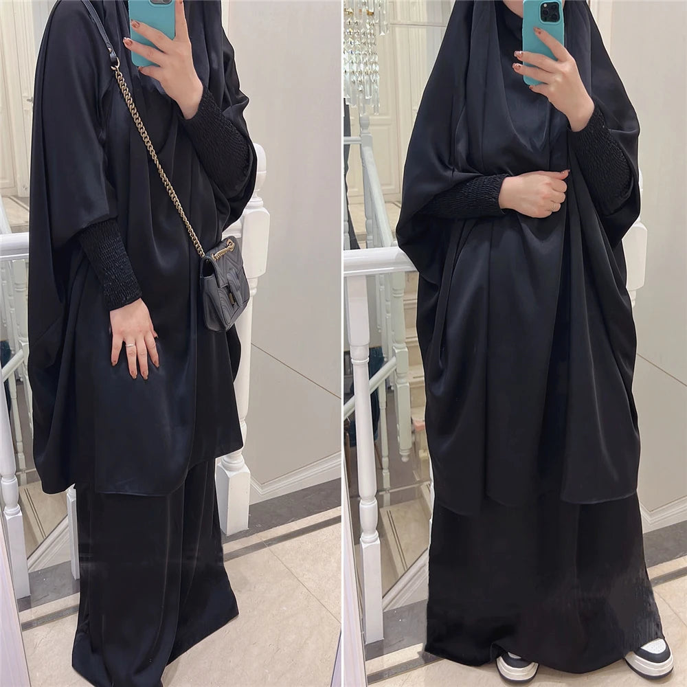 Eid Djellaba Kebaya Two-Piece Set – Hooded Satin Khimar & Skirt, One Size
