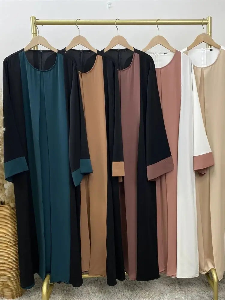 Luxury Splicing Faux Two-Piece Abaya – Zip Front Colour-Block Robe