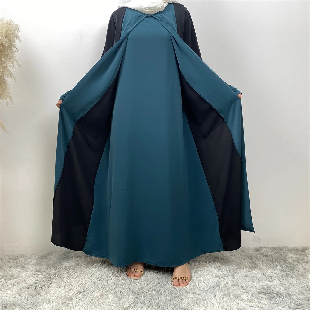 Luxury Splicing Faux Two-Piece Abaya – Zip Front Colour-Block Robe