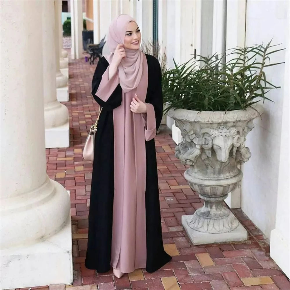 Luxury Splicing Faux Two-Piece Abaya – Zip Front Colour-Block Robe