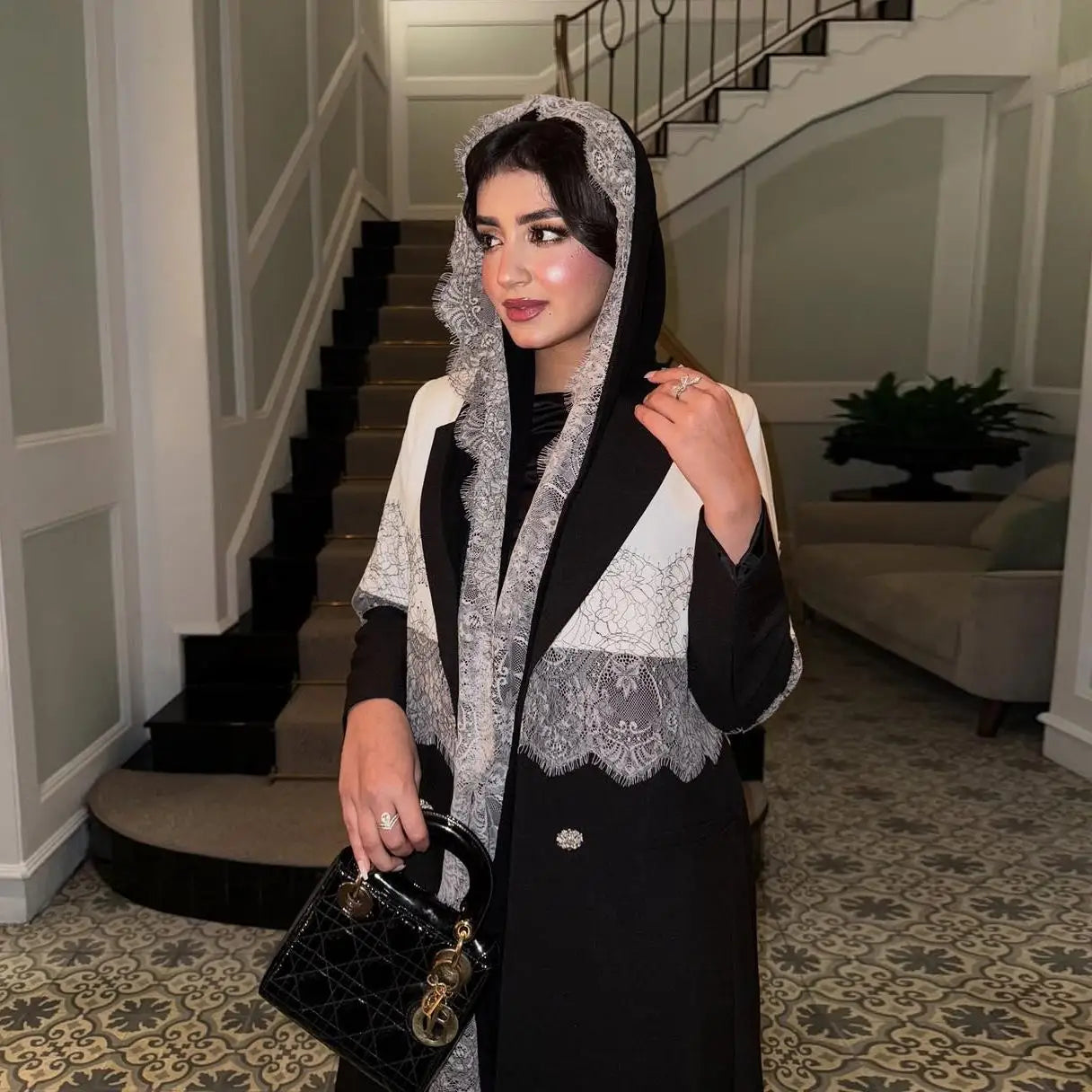 Modest Lace Trim Abaya – Open Front Robe with Lapel Collar
