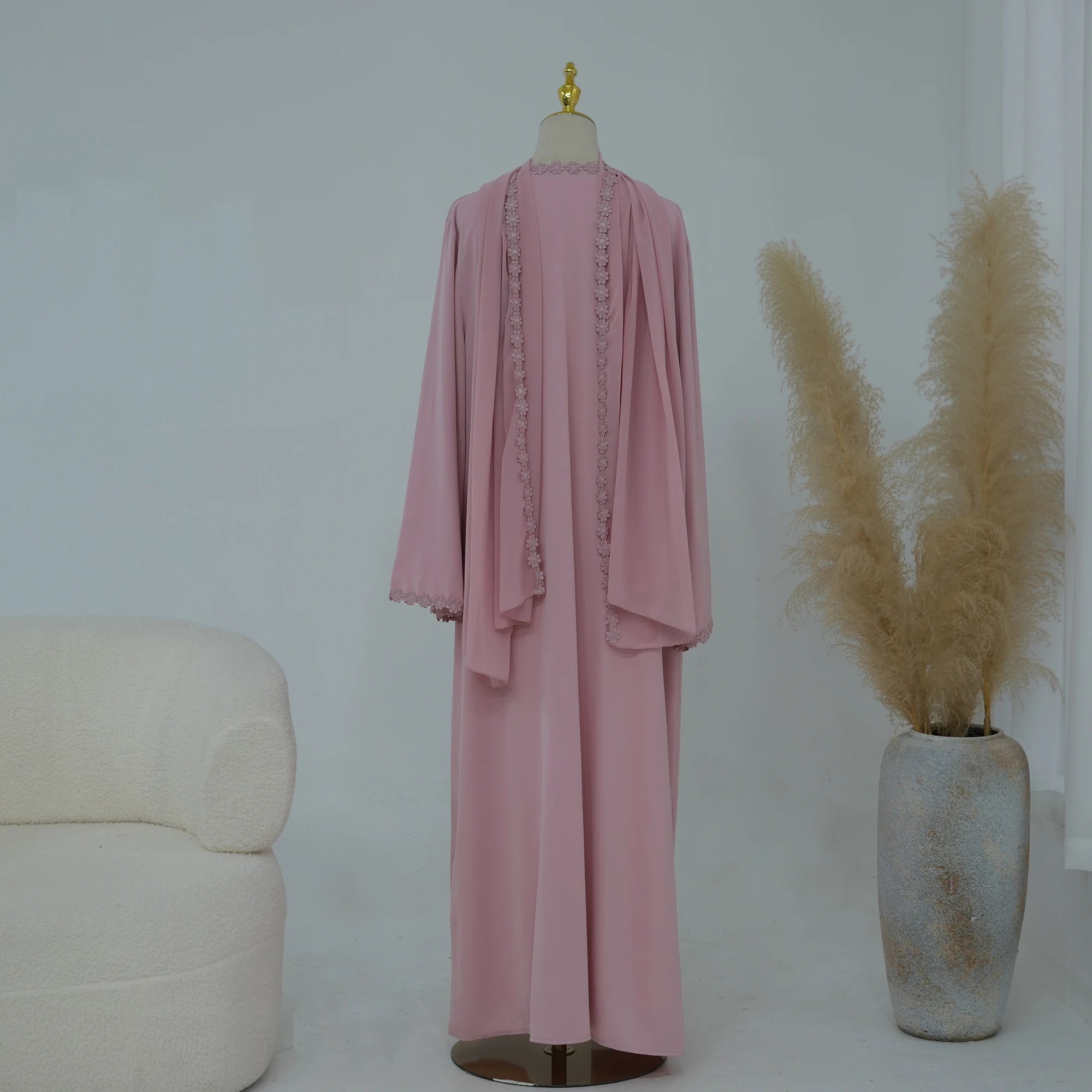 Summer Lace Flower Abaya with Scarf – Open Front Robe, Side Pockets