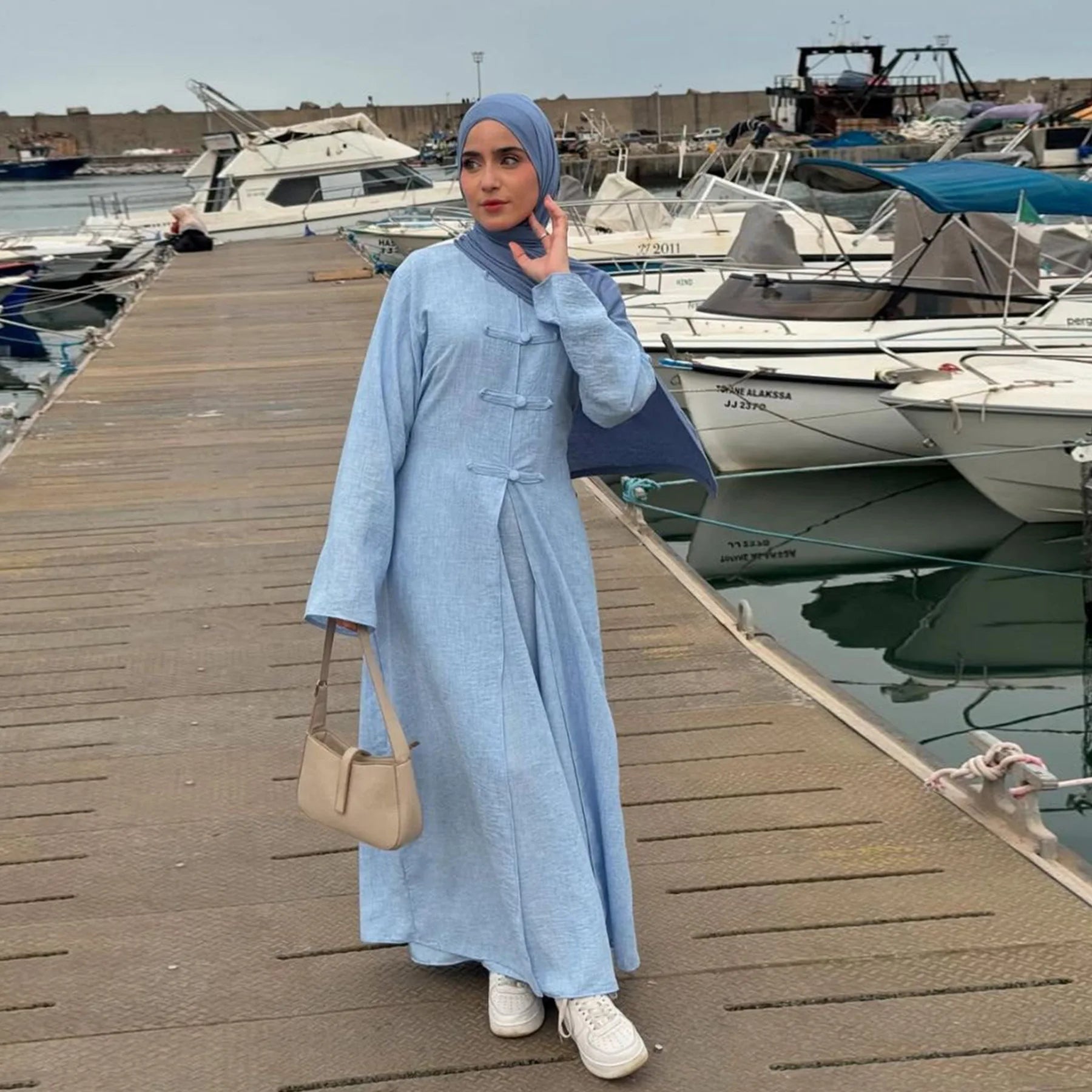 Two-Piece Arabic Modest Abaya Set – Cardigan & Inner Dress - Green - M | AbayaVida