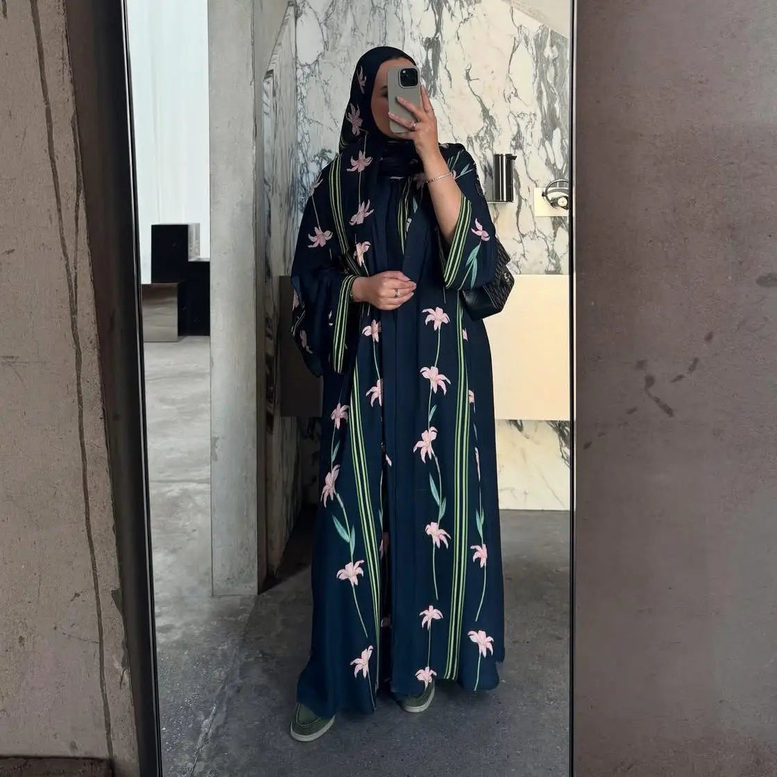 Embroidered Two-Piece Cardigan Abaya with Hijab – Button Closure, One Size