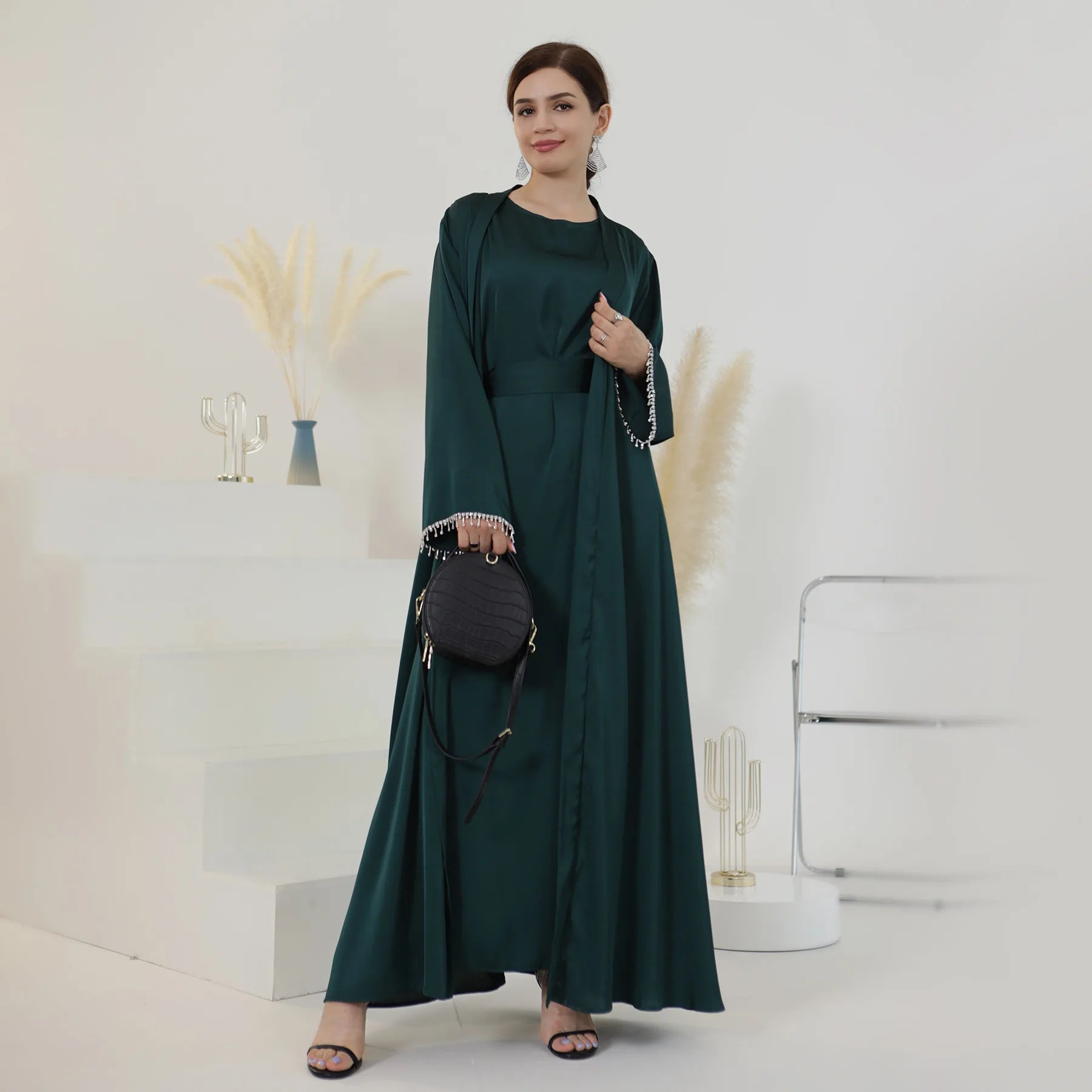Nida Crystal Chain Evening Set – Cardigan, Dress & Chain - Grey - XXL | AbayaVida