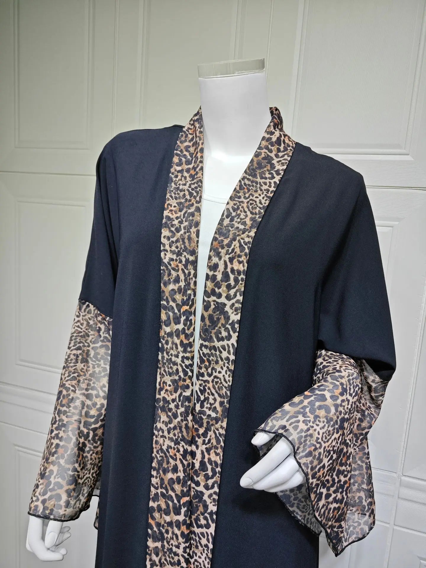 Leopard Trim Chiffon Abaya Set with Hijab – Open Front Kaftan | AbayaVida