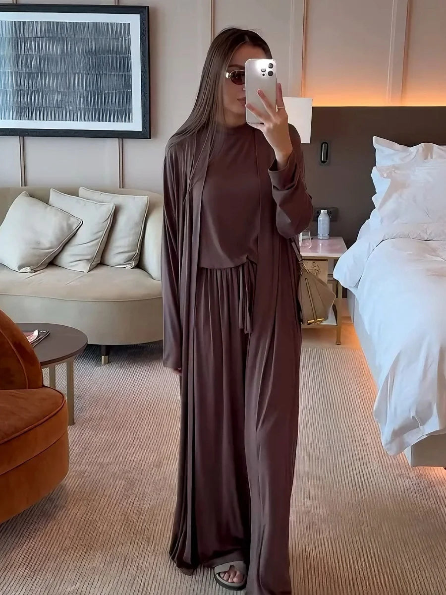 Dubai Three-Piece Abaya Set – Cardigan, Top & Trousers Coordinated Outfit