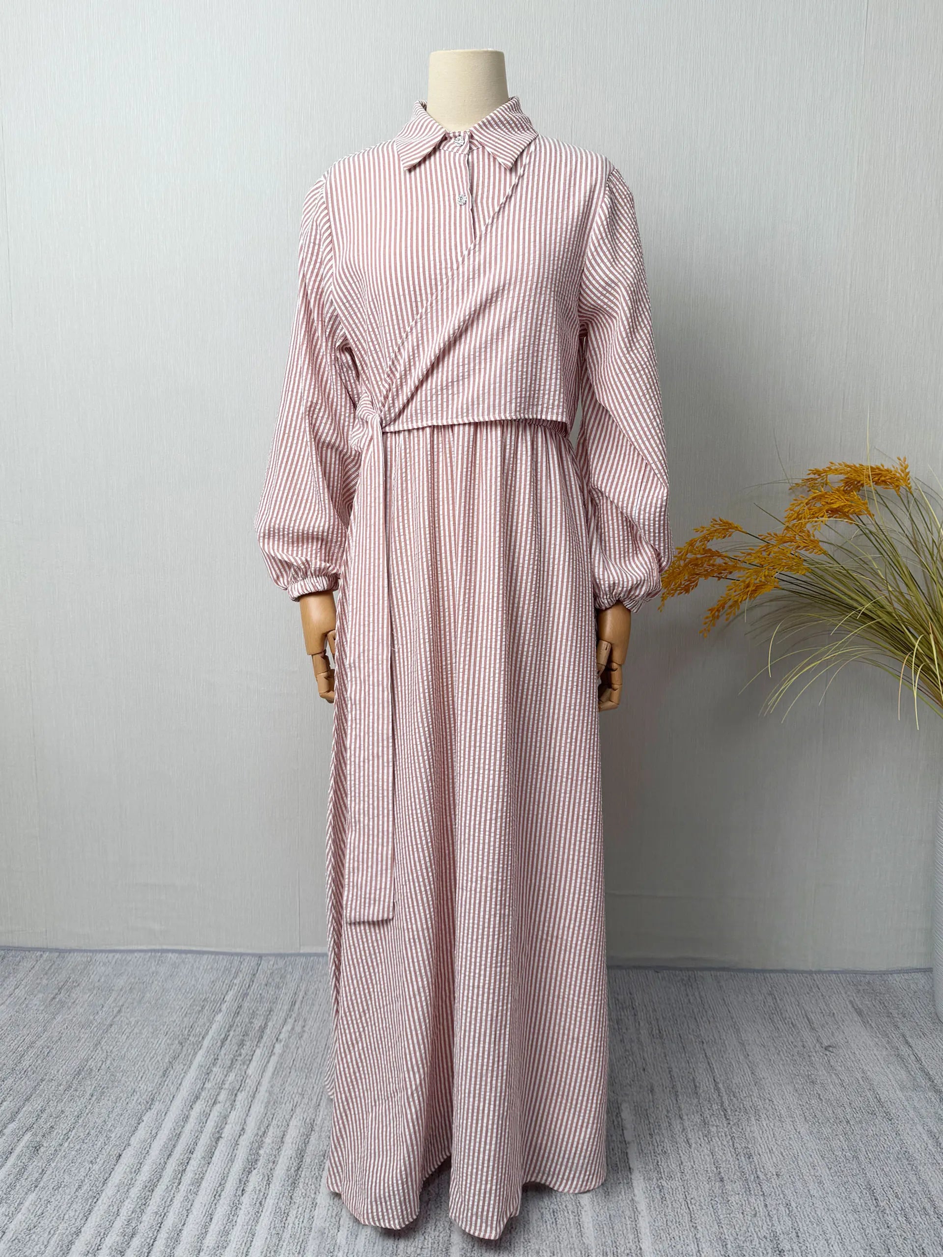 Belted Striped Modest Dress – Shirt Neckline Commute Robe | AbayaVida
