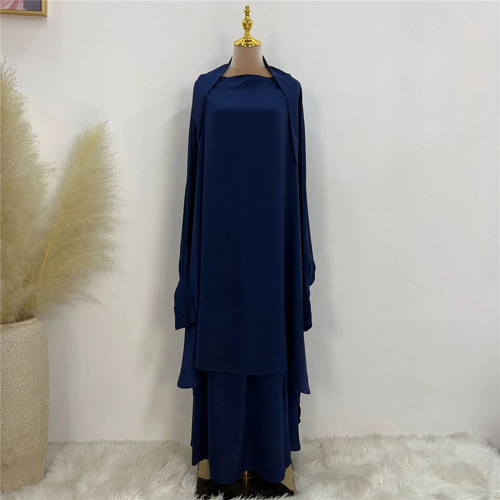 Eid Djellaba Kebaya Two-Piece Set – Hooded Satin Khimar & Skirt, One Size