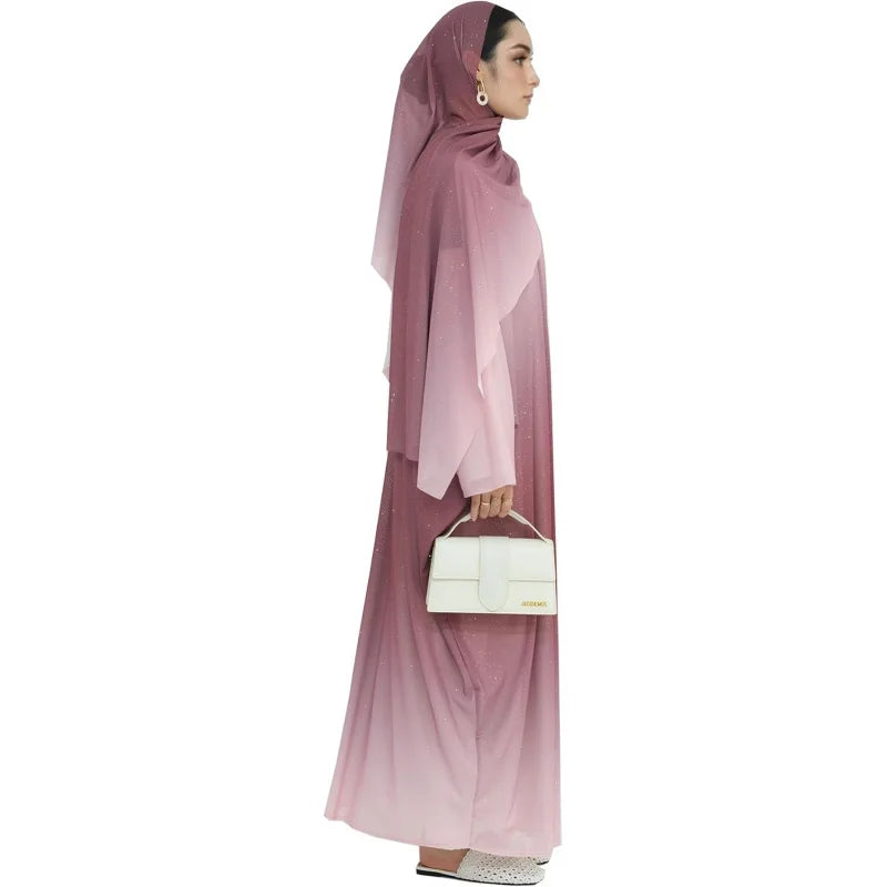 Gradient Sequin Chiffon Abaya Cardigan – Shimmer Open Front Robe with Hijab