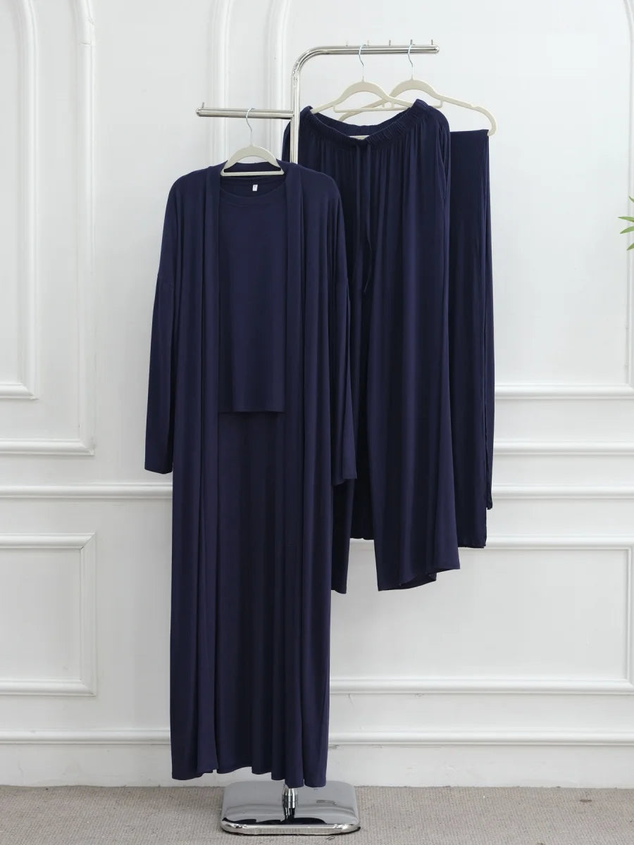Dubai Three-Piece Abaya Set – Cardigan, Top & Trousers Coordinated Outfit