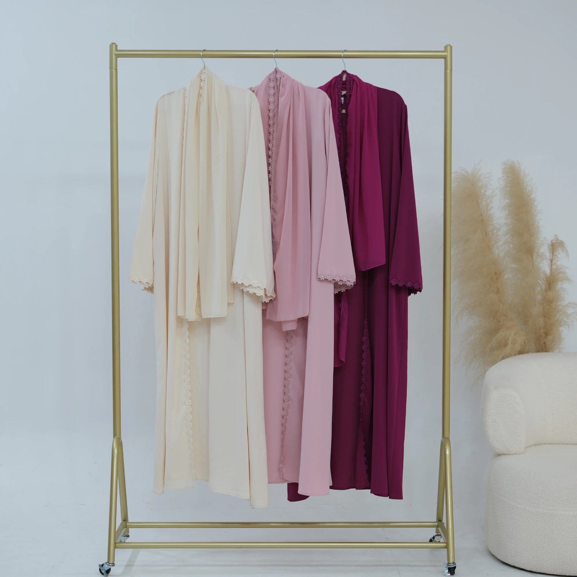 Summer Lace Flower Abaya with Scarf – Open Front Robe, Side Pockets