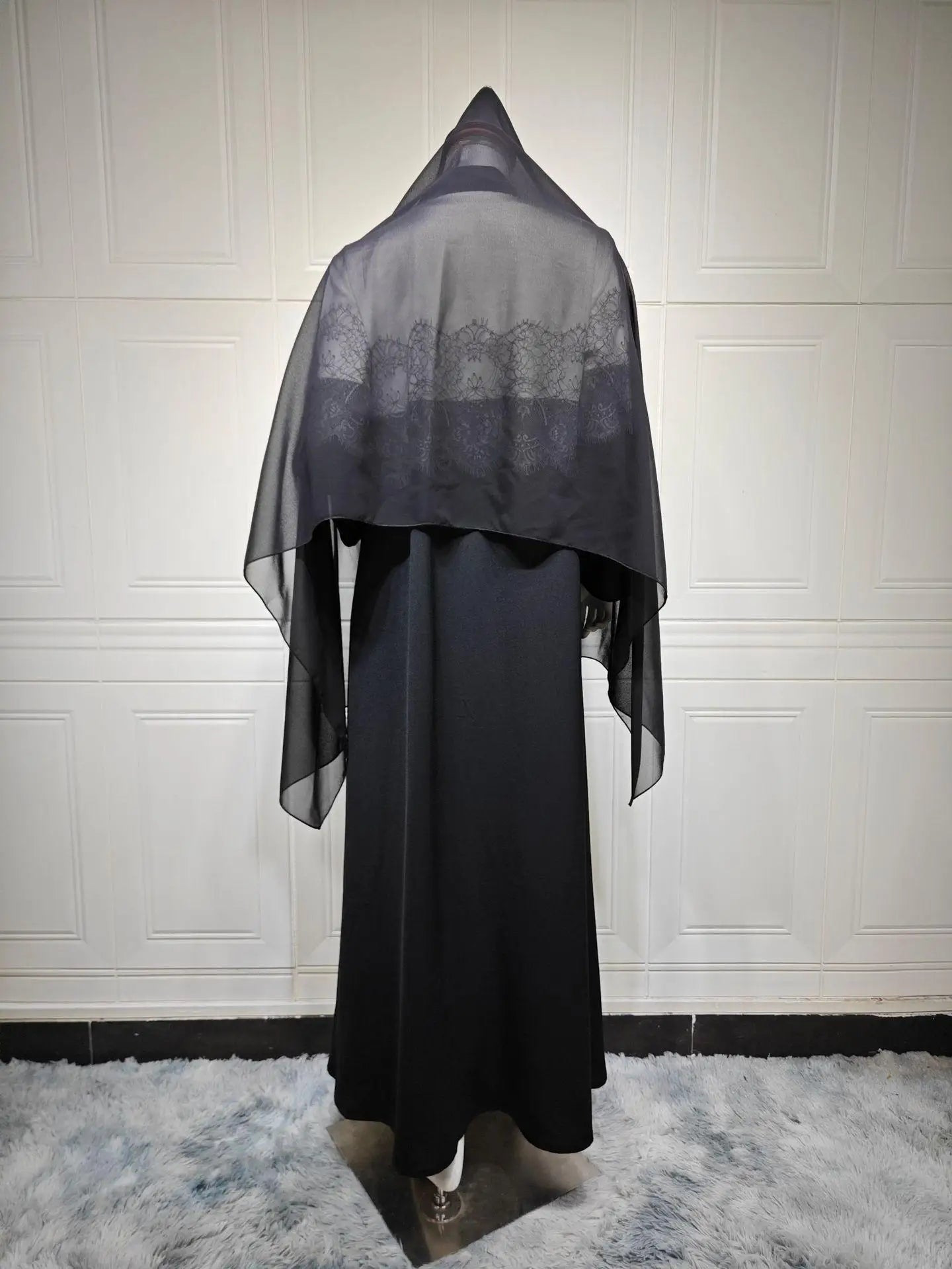 Modest Lace Trim Abaya – Open Front Robe with Lapel Collar